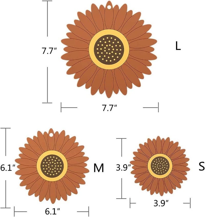 RoarCraft Silicone Trivet Mat, PVC Sunflower Hot Pot Holder Hot Pads for Table and Countertop, Soft Rubber Multi-Use Trivets for Pots & Hot Dish, Non Slip Coasters 3 Pack(20,15,10cm) (Brown) - Image 2
