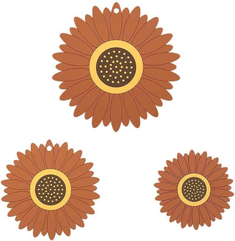 RoarCraft Silicone Trivet Mat, PVC Sunflower Hot Pot Holder Hot Pads for Table and Countertop, Soft Rubber Multi-Use Trivets for Pots & Hot Dish, Non Slip Coasters 3 Pack(20,15,10cm) (Brown) - Image 1