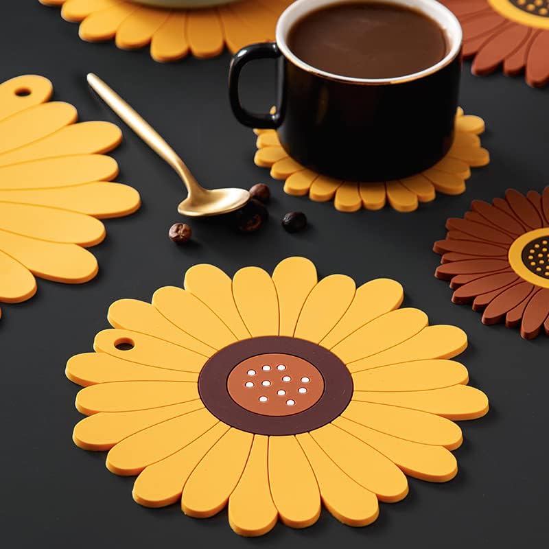 RoarCraft Silicone Trivet Mat, PVC Sunflower Hot Pot Holder Hot Pads for Table and Countertop, Soft Rubber Multi-Use Trivets for Pots & Hot Dish, Non Slip Coasters 3 Pack(20,15,10cm) (Brown) - Image 3
