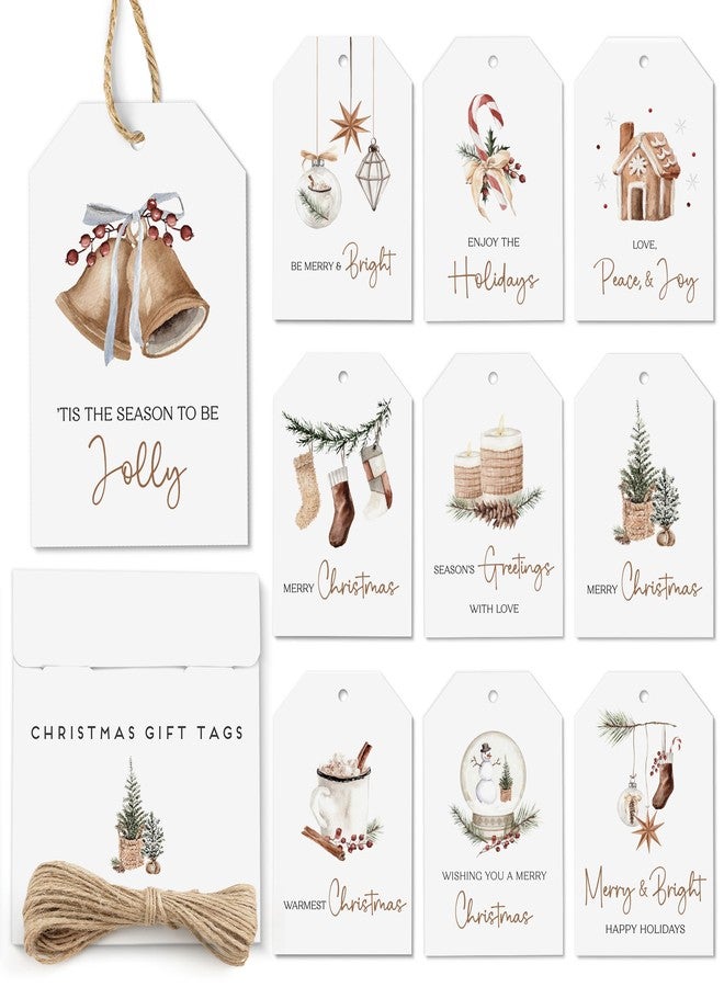 AUDREE 50 Pcs Christmas Gift Tags with String - Cozy Holiday Gift Tags for Xmas Presents - Christmas Name Tags for Gifts - Hanging Labels Decoration Xmas Winter Holiday Present DIY Crafts - Image 1