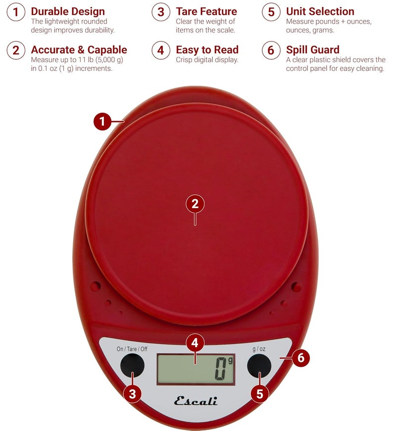 Escali Primo Digital Food Scale Multi-Functional Kitchen Scale and Baking Scale for Precise Weight Measuring and Portion Control, 8.5 x 6 x 1.5 inches, Warm Red - Image 3