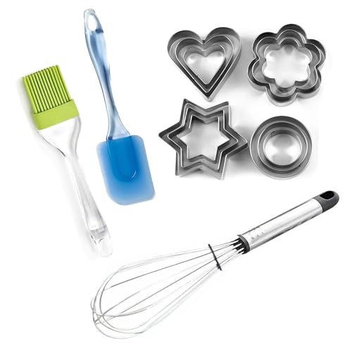Sulfar Combo of Stainless Steel Cookie Cutter, Silicone Spatula & Pastry Brush, Hand Wire Whisk - Image 1