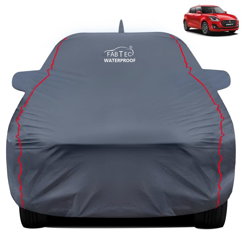FABTEC Waterproof Premium Car Cover for Maruti Swift (2018-23) Super Waterproof Car Body Cover Heavy Duty Durable PEVA Grey with Red Piping - Image 1