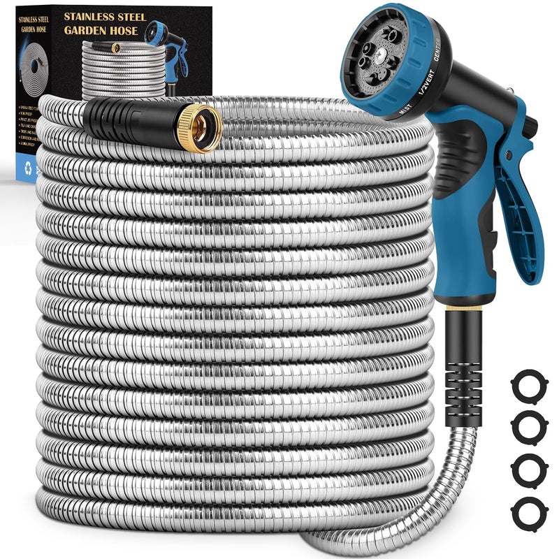 Tocebe Garden Hose 100FT, Water Hose with 10 Function Nozzle, Garden Hose Metal with Leak-proof Connectors, Kink-Free & Ultra Flexible, Rust/Pet/Puncture Proof for Lawn, Yard, RV, Car Wash, 550PSI - Image 1