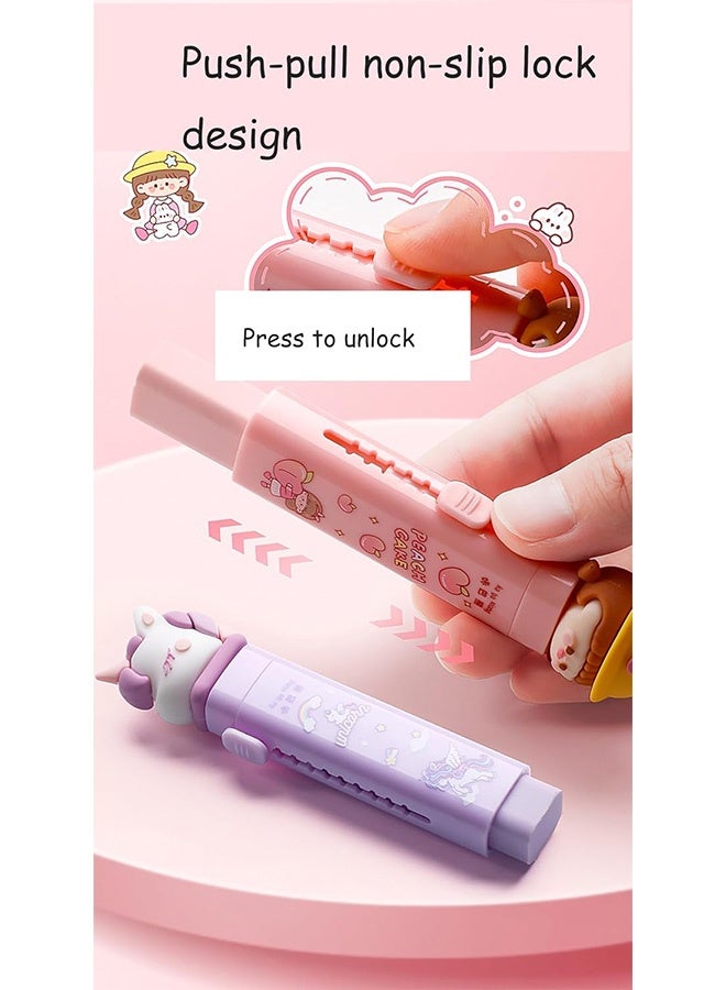 2 Styles Cute Cartoon Erasers Each Model Comes With 4 Additional Replacement Chips, Retractable Design Set Rubber Pencil Erasers For Kids Students Office School Supplies (Purple，Green) - Image 3