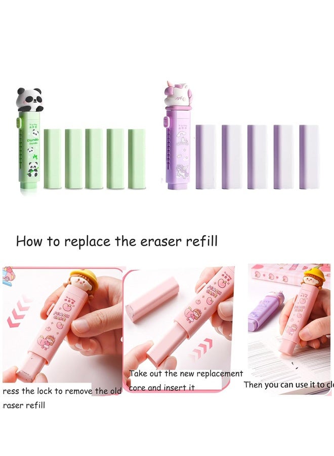 2 Styles Cute Cartoon Erasers Each Model Comes With 4 Additional Replacement Chips, Retractable Design Set Rubber Pencil Erasers For Kids Students Office School Supplies (Purple，Green) - Image 5