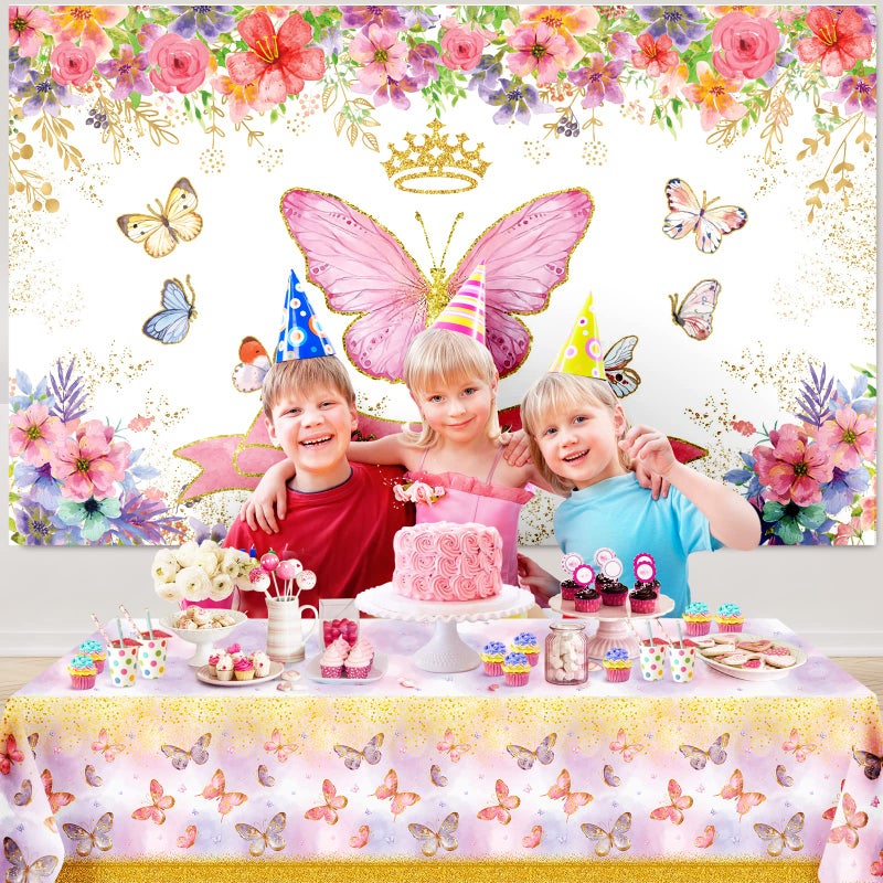7CDXD Butterfly Party Decorations, Girls Birthday Themes Decorations with Balloon Arch Kit Butterfly Photography Backdrop Banner and Tablecloth for Girls Women Butterfly Birthday Decor - Image 5