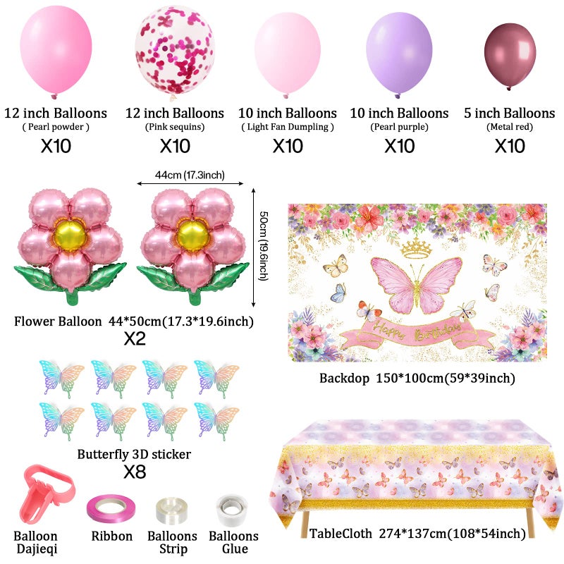 7CDXD Butterfly Party Decorations, Girls Birthday Themes Decorations with Balloon Arch Kit Butterfly Photography Backdrop Banner and Tablecloth for Girls Women Butterfly Birthday Decor - Image 2