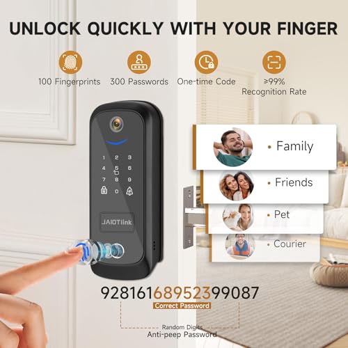 JAIOTlink 5 in 1 Smart Lock for Front Door, Keyless Entry Deadbolt with Camera & Doorbell, WiFi Secure Electronic Lock for Home, Fingerprint, Keypad, Voice Changer, Compatible with Alexa, Black - Image 4