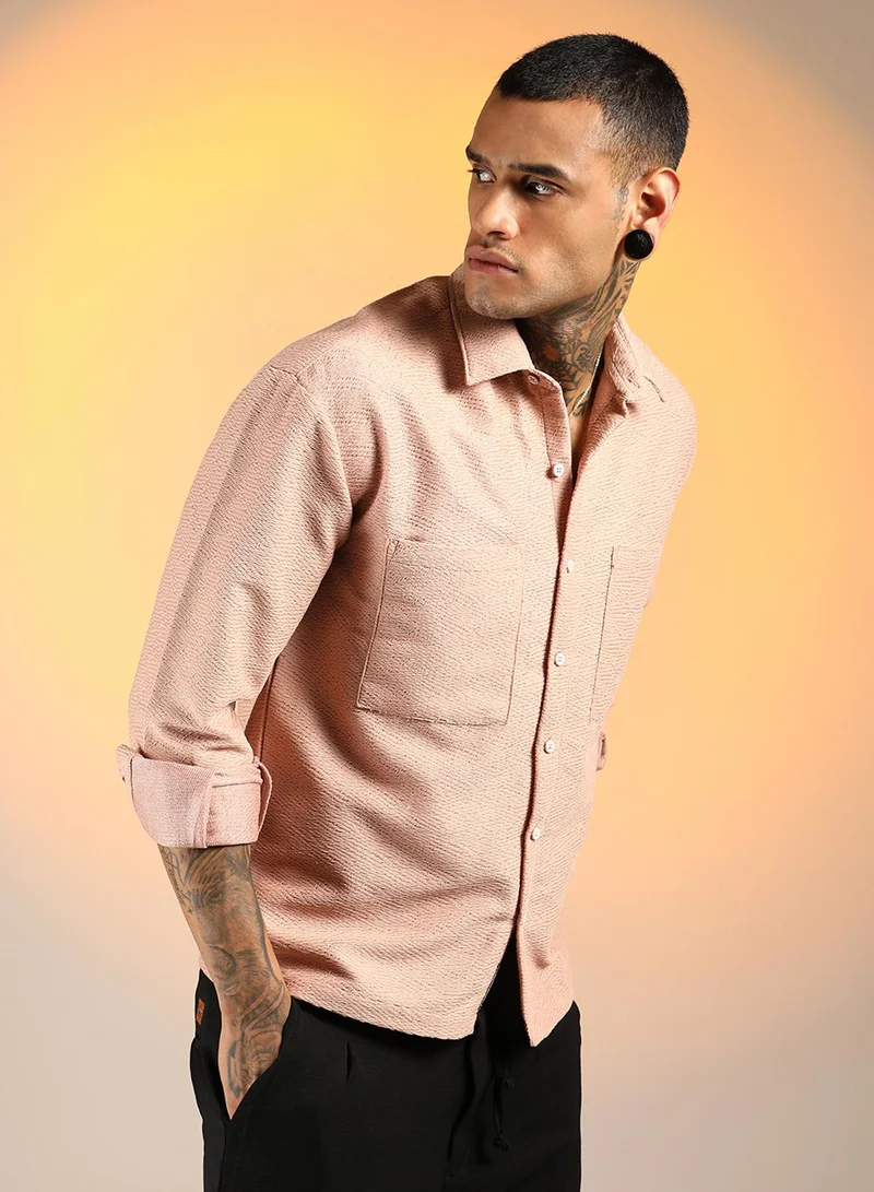 Campus Sutra Men's Blush Pink Chevron-Woven Utility Shirt