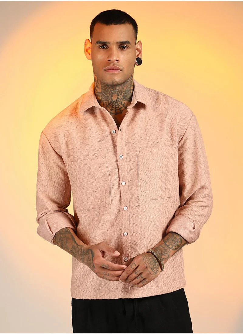 Campus Sutra Men's Blush Pink Chevron-Woven Utility Shirt