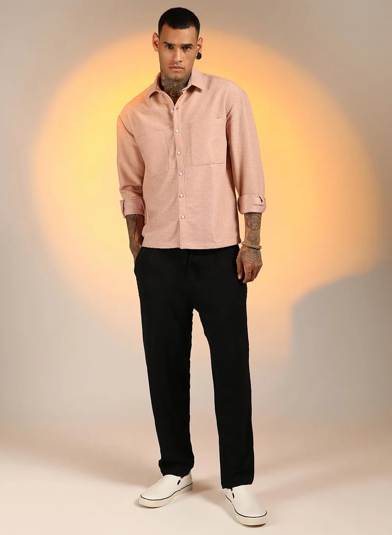 Campus Sutra Men's Blush Pink Chevron-Woven Utility Shirt
