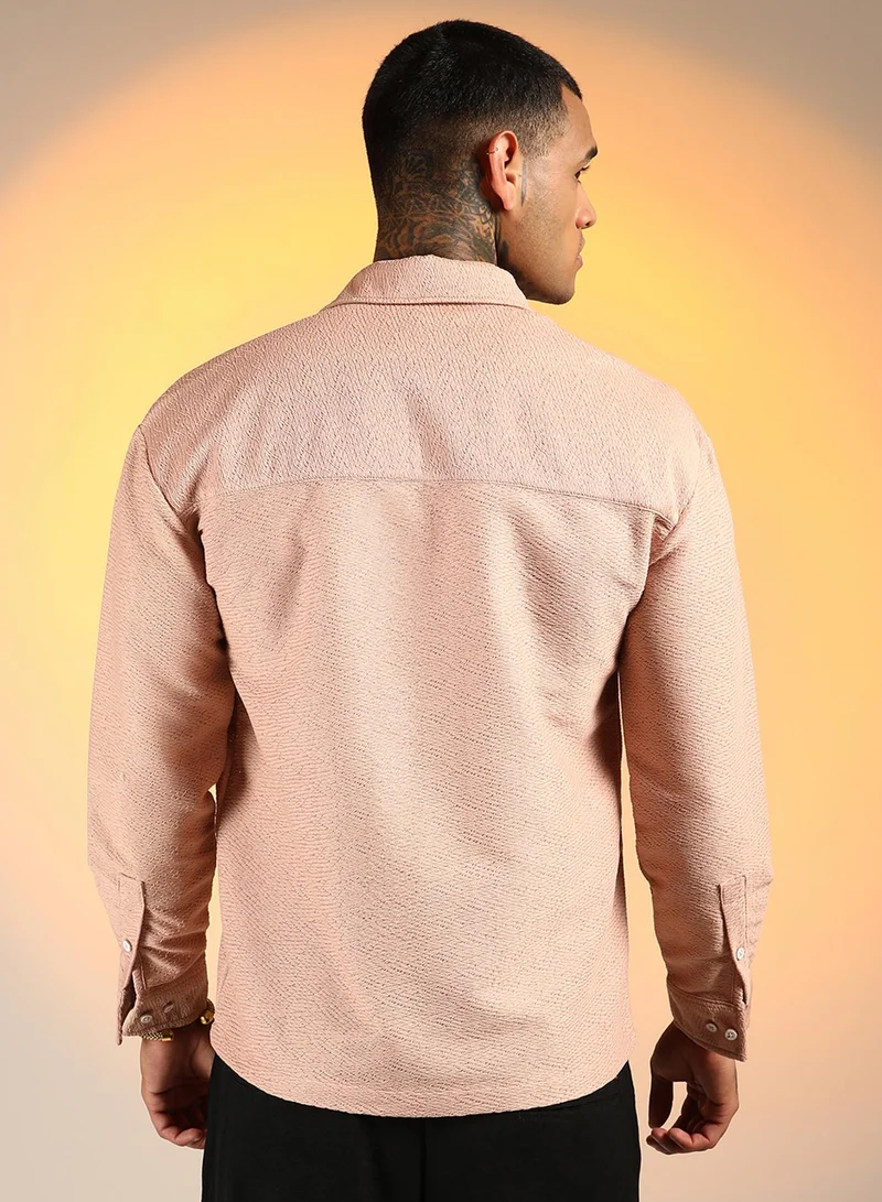 Campus Sutra Men's Blush Pink Chevron-Woven Utility Shirt