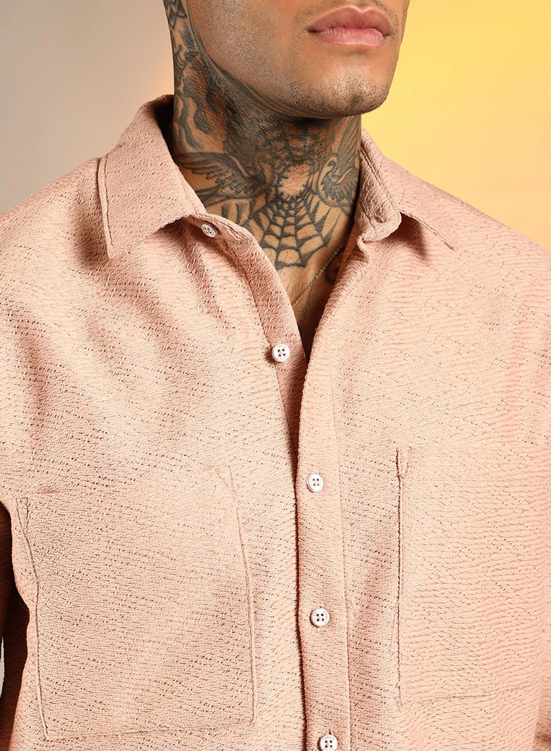 Campus Sutra Men's Blush Pink Chevron-Woven Utility Shirt