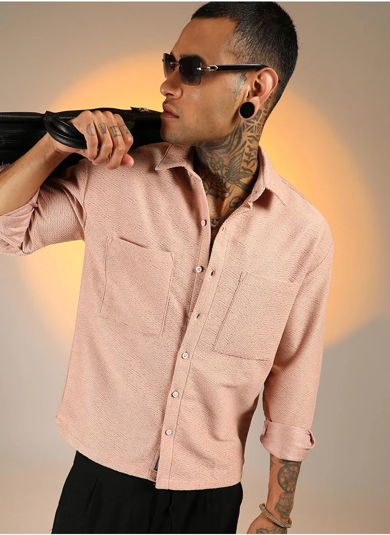 Campus Sutra Men's Blush Pink Chevron-Woven Utility Shirt