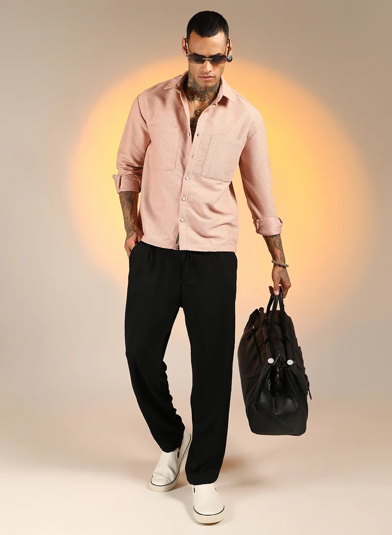 Campus Sutra Men's Blush Pink Chevron-Woven Utility Shirt