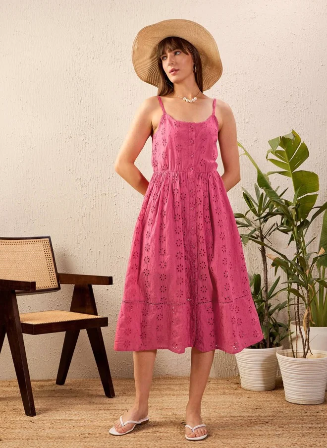 SASSAFRAS Pink Fit & Flare Midi Dress for Women