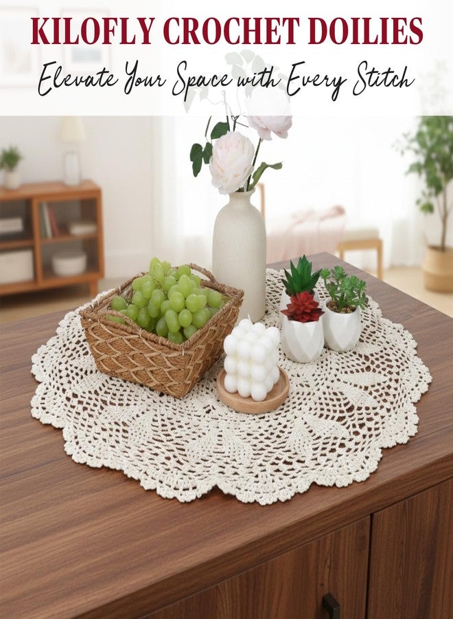 kilofly Handmade Crochet Cotton Lace Table Sofa Doily, Waterlily, Beige, 22 inch - Image 4