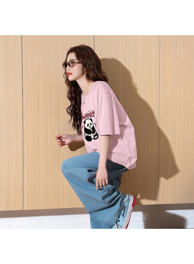 Tonlion Summer Women's Knitted Front Chest Cartoon Panda Short Sleeve T-shirt Haze Pink L - Image 1