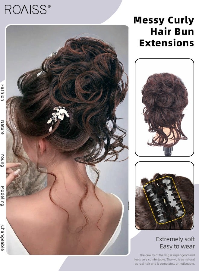 رويس وصلات كعكة الشعر المجعدة الفوضوية، العقدة الاصطناعية المموجة مع مخلب عالي المرونة، إكسسوارات الشعر على شكل دونات رولر، كعكة شعر مستعار للنساء أوبدو، بني داكن - Image 1