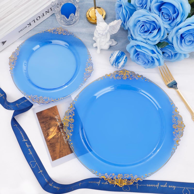 Joyido 102PCS Blue Plastic Plates - Royal Gold Disposable Plates - Clear Blue Party Plate - Heavyweight Disposable Plate with Gold Rim - Fancy Dinner & Dessert Plates for 51 Guests Weddings & Parties - Image 4