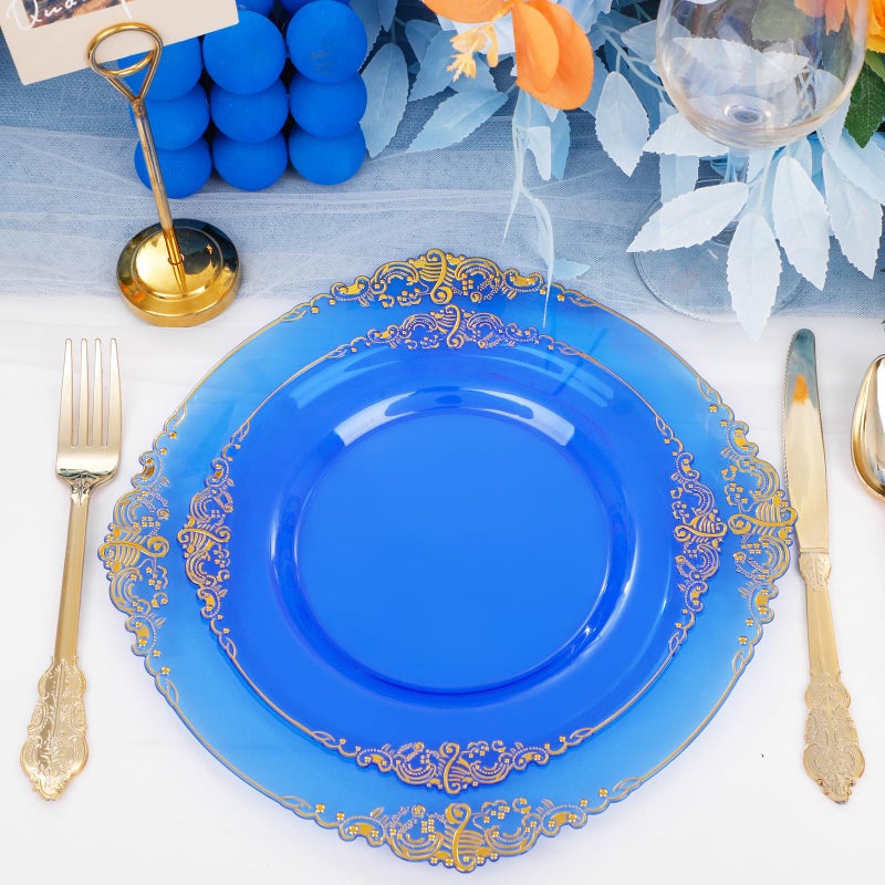 Joyido 102PCS Blue Plastic Plates - Royal Gold Disposable Plates - Clear Blue Party Plate - Heavyweight Disposable Plate with Gold Rim - Fancy Dinner & Dessert Plates for 51 Guests Weddings & Parties - Image 3