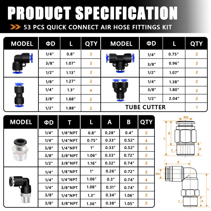 Mankk 53 Pcs Quick Connect Air Hose Fittings Kit 1/8"" 1/4"" 3/8"" 1/2"" Push To Connect Fittings Air Line Quick Connect Fittings Air Line Fittings Quick Release Pneumatic Kit M-150-53Pcs - Image 4