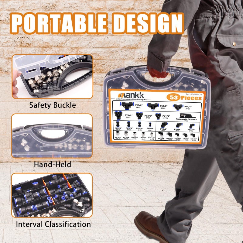 Mankk 53 Pcs Quick Connect Air Hose Fittings Kit 1/8"" 1/4"" 3/8"" 1/2"" Push To Connect Fittings Air Line Quick Connect Fittings Air Line Fittings Quick Release Pneumatic Kit M-150-53Pcs - Image 2