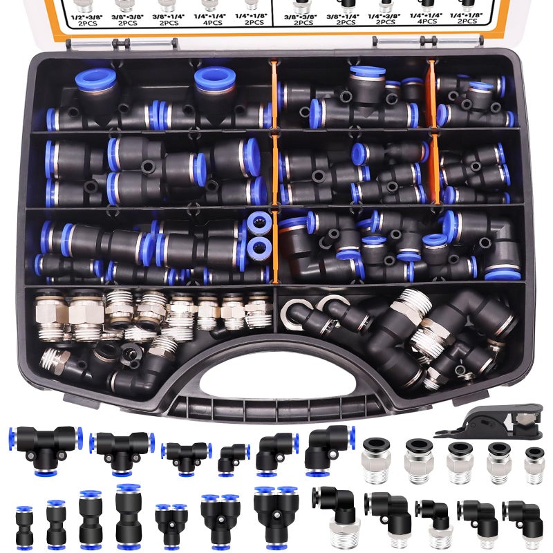 Mankk 53 Pcs Quick Connect Air Hose Fittings Kit 1/8"" 1/4"" 3/8"" 1/2"" Push To Connect Fittings Air Line Quick Connect Fittings Air Line Fittings Quick Release Pneumatic Kit M-150-53Pcs - Image 1