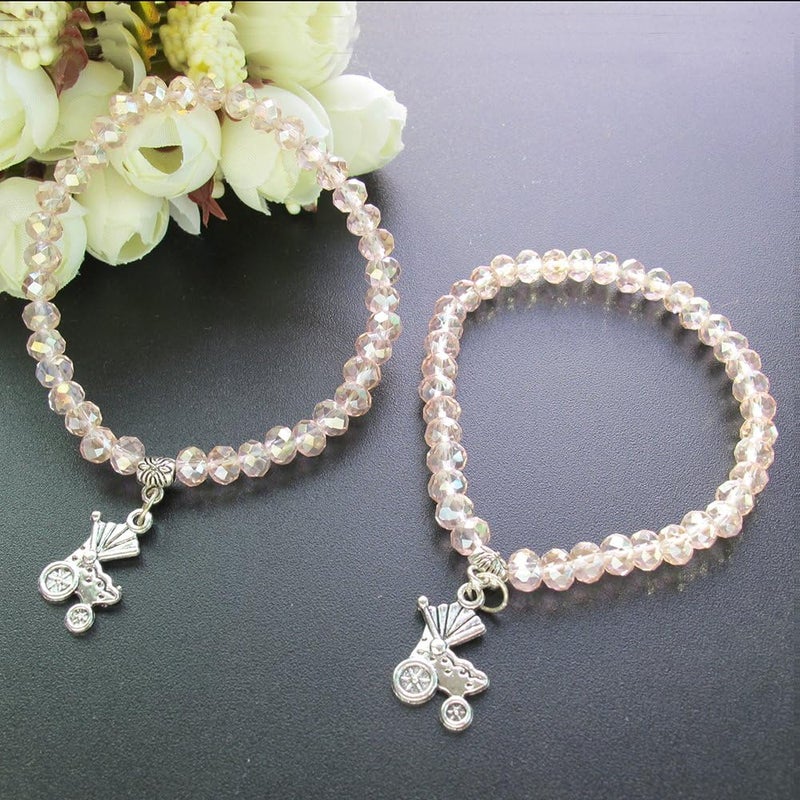WE Baby Shower Stretchy Pink Crystal Bracelet Favors with Baby Carriage Charm 12Pcs - Image 1