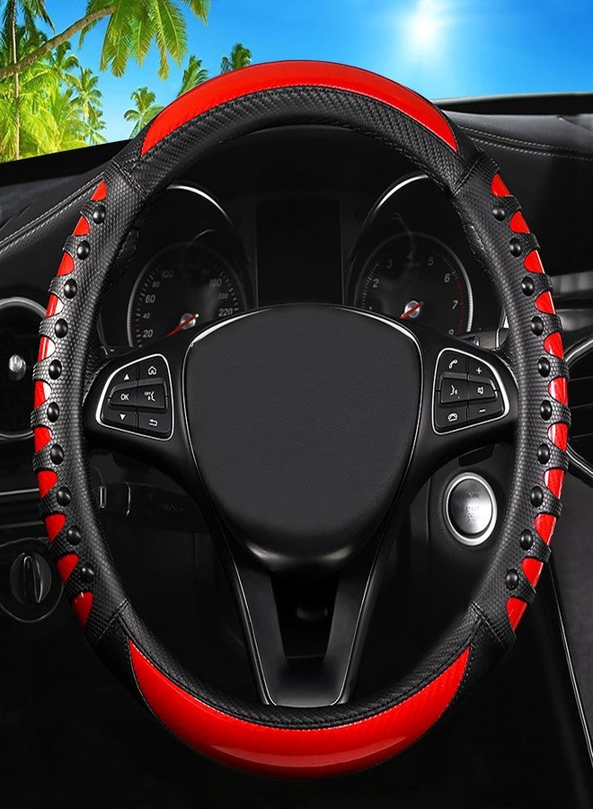 FBLOWMOD Car Leather Steering Wheel Cover - Panapi Material, Universal 14.5-15 Inch Leather Anti-Slip Breathable Auto Steering Wheel Covers for Men Women (3D Massage - Sports Red) - Image 1