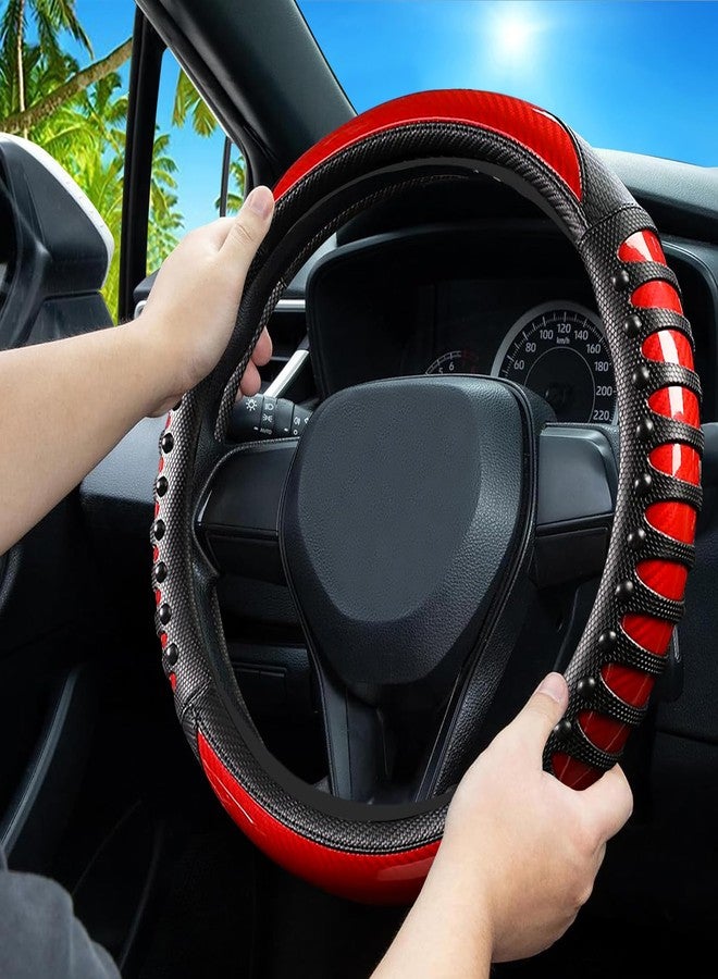 FBLOWMOD Car Leather Steering Wheel Cover - Panapi Material, Universal 14.5-15 Inch Leather Anti-Slip Breathable Auto Steering Wheel Covers for Men Women (3D Massage - Sports Red) - Image 3