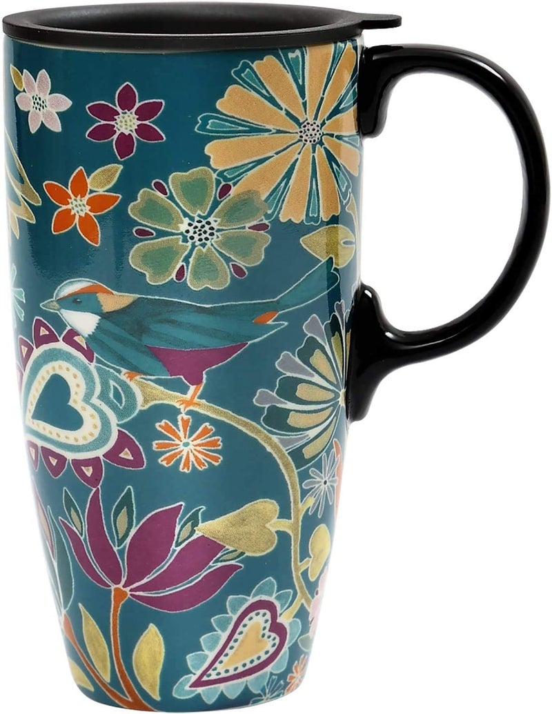 Topadorn Coffee Ceramic Mug Porcelain Latte Tea Cup With Lid 17oz. Floral Symphony, Green Bird - Image 1