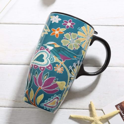 Topadorn Coffee Ceramic Mug Porcelain Latte Tea Cup With Lid 17oz. Floral Symphony, Green Bird - Image 4
