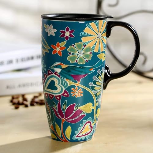 Topadorn Coffee Ceramic Mug Porcelain Latte Tea Cup With Lid 17oz. Floral Symphony, Green Bird - Image 2