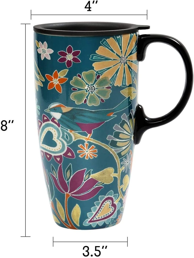 Topadorn Coffee Ceramic Mug Porcelain Latte Tea Cup With Lid 17oz. Floral Symphony, Green Bird - Image 5