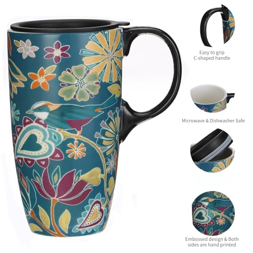 Topadorn Coffee Ceramic Mug Porcelain Latte Tea Cup With Lid 17oz. Floral Symphony, Green Bird - Image 3