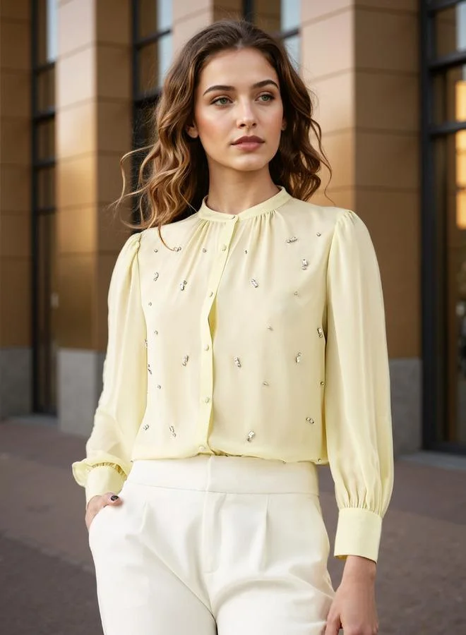 ايكونيك Embellished Top with Puff Sleeves