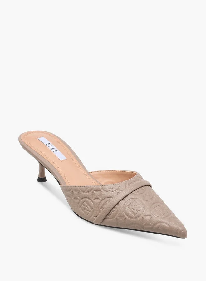 ELLE Women's Monogram Embossed Slip-On Mules with Kitten Heels
