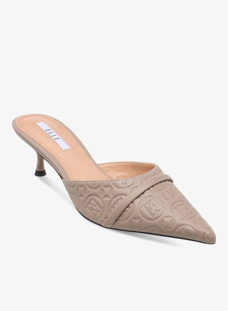 ELLE Women's Monogram Embossed Slip-On Mules with Kitten Heels