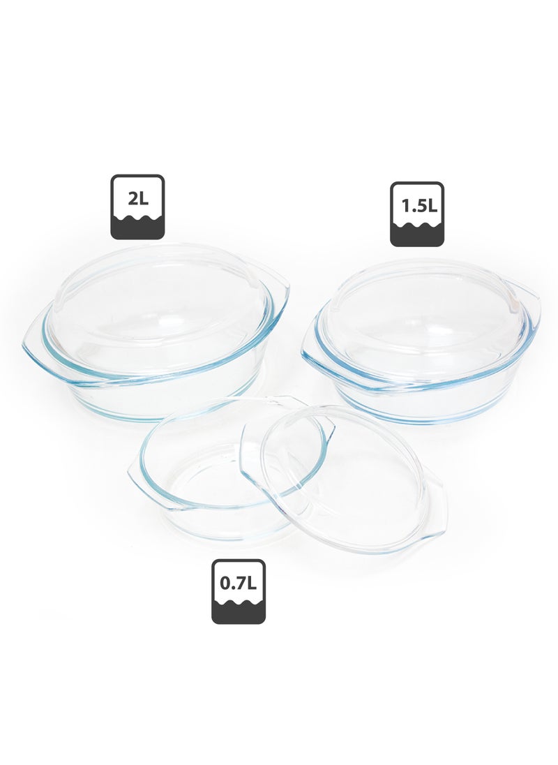 BLACKSTONE - 3-Piece Glass Casserole Set - Premium Borosilicate Bakeware, Includes 700ml, 1500ml, and 2000ml Dishes, Oven, Microwave & Dishwasher Safe - Image 1