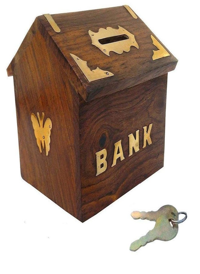 MITRIA TRADERS Wooden Handicrafts Hut Shaped Wooden Money Box With Lock Piggy Bank Coin Box Children Gifts, Antique - Image 1