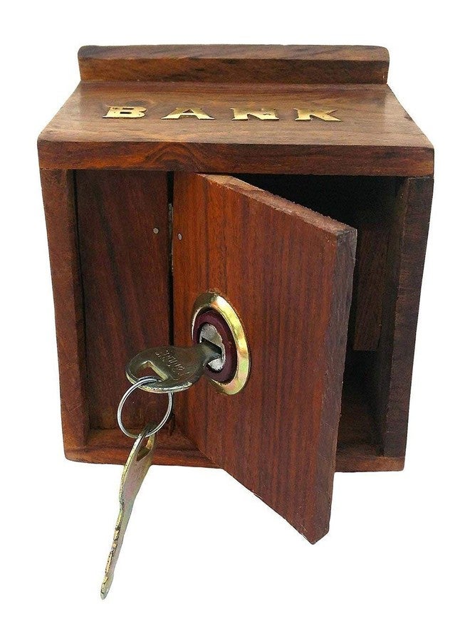 MITRIA TRADERS Wooden Handicrafts Hut Shaped Wooden Money Box With Lock Piggy Bank Coin Box Children Gifts, Antique - Image 3