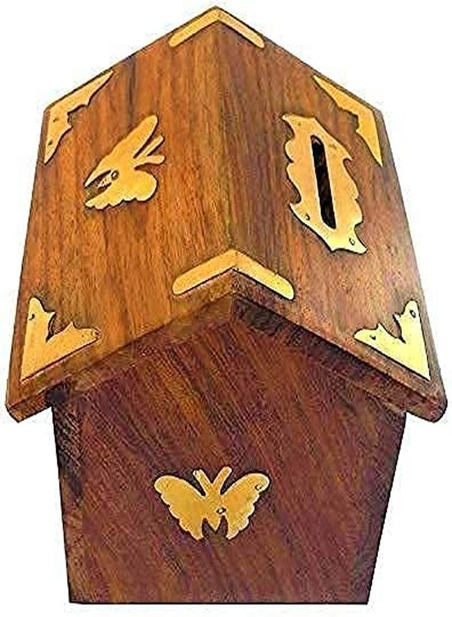 MITRIA TRADERS Wooden Handicrafts Hut Shaped Wooden Money Box With Lock Piggy Bank Coin Box Children Gifts, Antique - Image 2