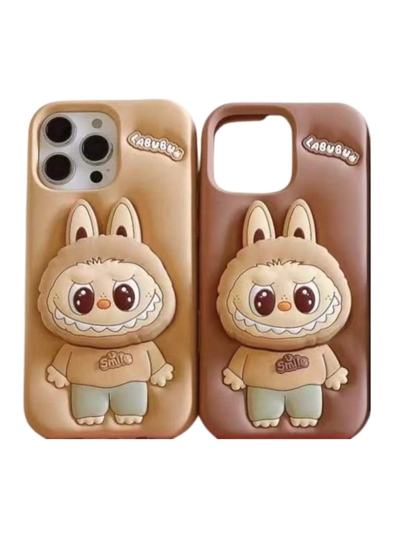 Case Club 2pcs Combo Cute 3D Labubu Bunny Silicone Case Combo for iPhone 16 Pro Max – Smile Cartoon Series (Pack of 2 – Beige & Brown) - Image 1