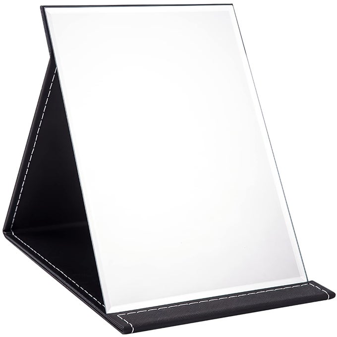25X18CM PORTABLE FOLDING MIRROR SUPER HD COMPACT MAKEUP MIRROR BLACK PU LEATHER TRAVEL MIRROR FREE STANDING VANITY MIRRORS TABLETOP FOLDABLE MIRROR