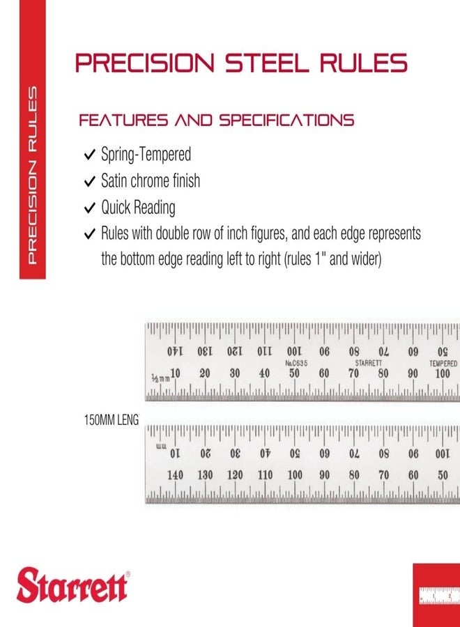 Starrett Spring Tempered Steel Rule with Satin Chrome Finish, Quick Reading and Millimeter Graduation - 150mm Length, 35 Graduation Type, 1.2mm Thickness - C635-150 - Image 2