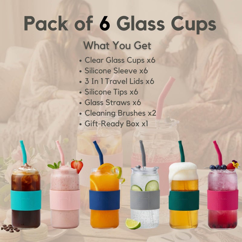 ColoVie 20oz Mixed Drinking Glasses with 6 Colors, Thicken Reusable Glass Tumblers with Lids and Straws, Removable Silicone Sleeve for Hot or Iced Drinking, Unique Colorful Glass Cups - Image 3