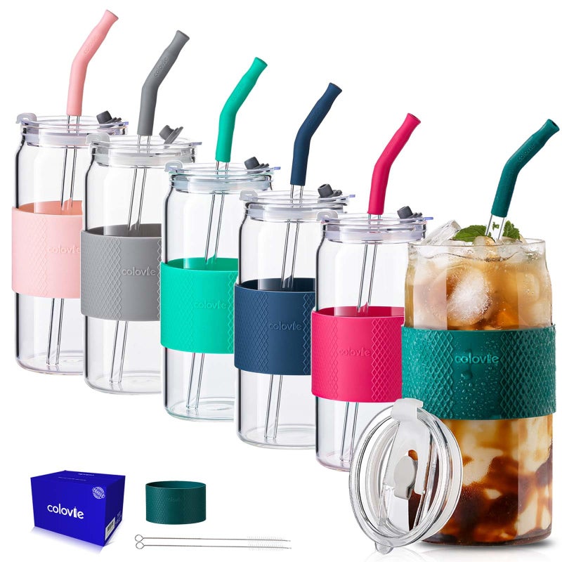 ColoVie 20oz Mixed Drinking Glasses with 6 Colors, Thicken Reusable Glass Tumblers with Lids and Straws, Removable Silicone Sleeve for Hot or Iced Drinking, Unique Colorful Glass Cups - Image 1