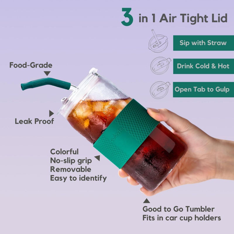 ColoVie 20oz Mixed Drinking Glasses with 6 Colors, Thicken Reusable Glass Tumblers with Lids and Straws, Removable Silicone Sleeve for Hot or Iced Drinking, Unique Colorful Glass Cups - Image 4